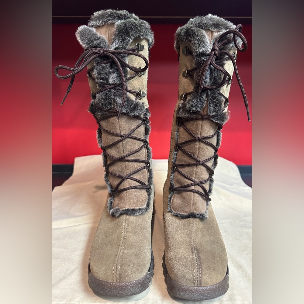 Bastien Brown Suede Knee Boots Faux Fur Lining Side Zip with Laces Women’s Sz 7M
